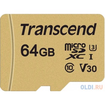 Флеш-накопитель Micro SecureDigital 64Gb Transcend Class 10 TS64GUSD500S {MicroSDXC Class 10 UHS-I U3, SD adapter}