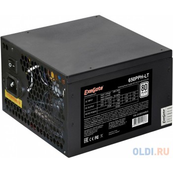 Exegate EX282046RUS-S Блок питания 650W ExeGate 650PPH-LT-S, RTL, 80+, ATX, black, APFC, 12cm, 24p, (4+4)p, 5*SATA, 3*IDE, с защитой от выдергивания