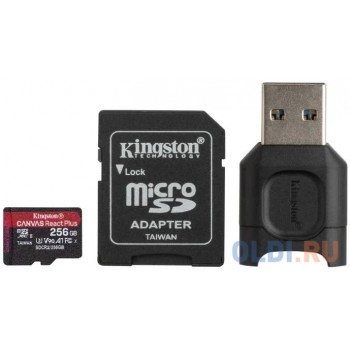 Флеш карта microSDXC 256Gb Kingston microSDXC, UHS-II Class U3 V30 A2, чтение: 285Мб/с, запись: 165Мб/с, с адаптером и USB-ридером <MLPMR2/256GB>