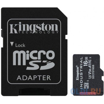 Промышленная карта памяти microSDHC Kingston, 16 Гб Class 10 UHS-I U3 V30 A1 TLC в режиме pSLC, темп. режим от -40? до +85?, с адаптером