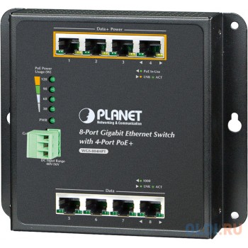 IP30, IPv6/IPv4, 8-Port 1000TP Wall-mount Managed Ethernet Switch with 4-Port 802.3AT POE+ (-40 to 75 C), dual redundant power input on 48-56VDC terminal block and power jack, SNMPv3, 802.1Q VLAN, IGMP Snooping, SSL, SSH, ACL