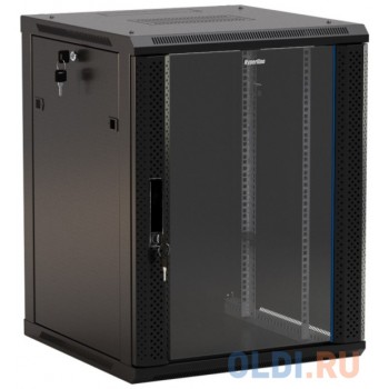 Шкаф настенный Hyperline TWB-0645-GP-RAL9004 19-дюймовый (19"), 6U, 367x600х450мм, стеклянная дверь с перфорацией по бокам, ручка с замком, цвет черный (RAL 9004) (разобранный)