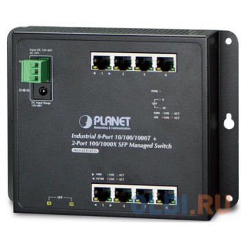 IP30, IPv6/IPv4, 8-Port 1000TP + 2-Port 100/1000F SFP Wall-mount Managed Ethernet Switch (-40 to 75 C), dual redundant power input on 12-48VDC / 24VAC terminal block and power jack, SNMPv3, 802.1Q VLAN, IGMP Snooping, SSL, SSH, ACL