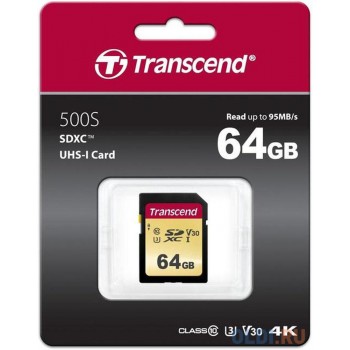 Карта памяти SecureDigital 64Gb Transcend TS64GSDC500S {SDXC Class 10, UHS-I U3, MLC}