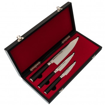Набор из 3-х кухонных ножей Samura Mo-V в подарочной коробке  "Поварская тройка", сталь AUS-8, рукоять G10