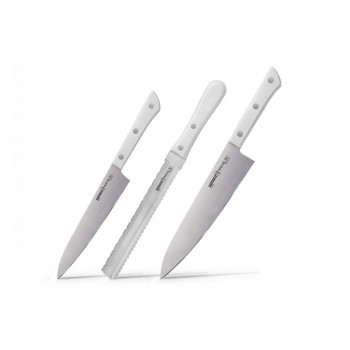 Набор из 3-х кухонных ножей (универсальный, для замороженных продуктов, шеф) Samura "Harakiri" (SHR-0230W) White, сталь AUS-8, рукоять ABS-пластик