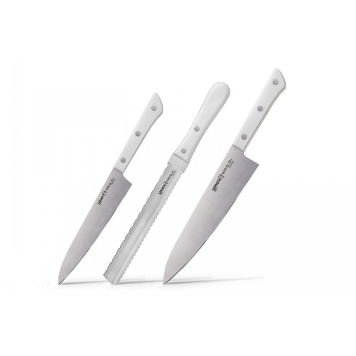 Набор из 3-х кухонных ножей (универсальный, для замороженных продуктов, шеф) Samura "Harakiri" (SHR-0230W) White, сталь AUS-8, рукоять ABS-пластик