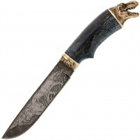 Нож Динозавр, дамасская сталь, рукоять карельская береза, художественное травление