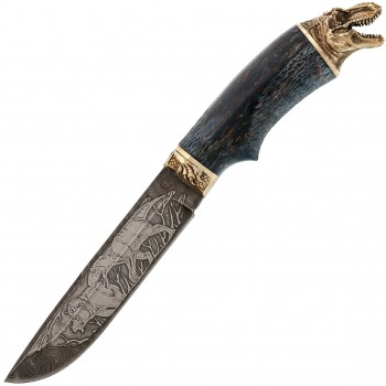 Нож Динозавр, дамасская сталь, рукоять карельская береза, художественное травление
