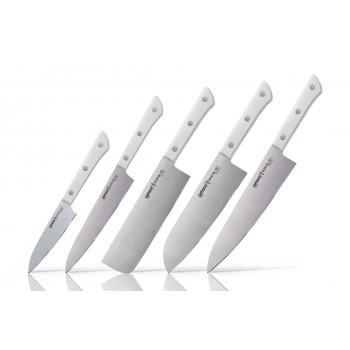 Набор из 5-ти кухонных ножей (овощной, универсальный, накири, шеф, сантону), Samura "Harakiri" (SHR-0250W) White, сталь AUS-8, рукоять ABS-пластик