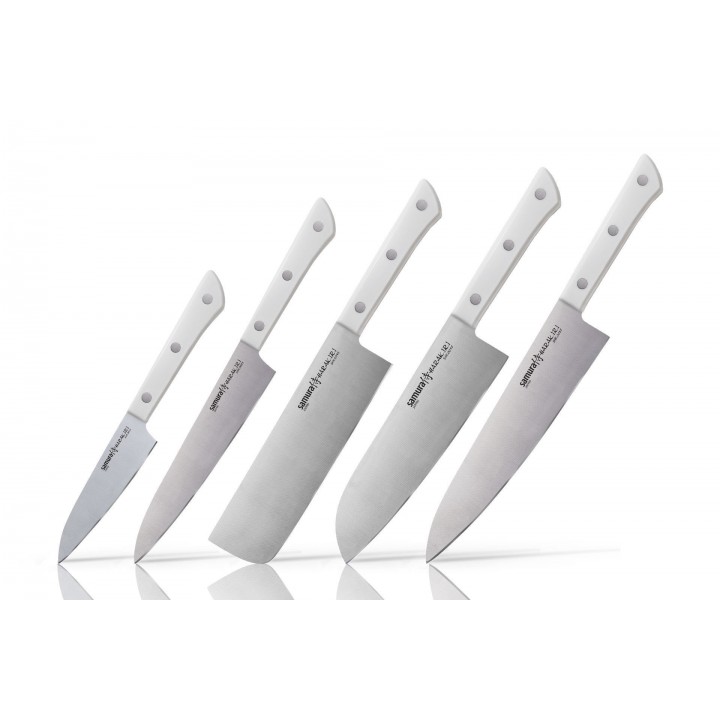 Набор из 5-ти кухонных ножей (овощной, универсальный, накири, шеф, сантону), Samura "Harakiri" (SHR-0250W) White, сталь AUS-8, рукоять ABS-пластик