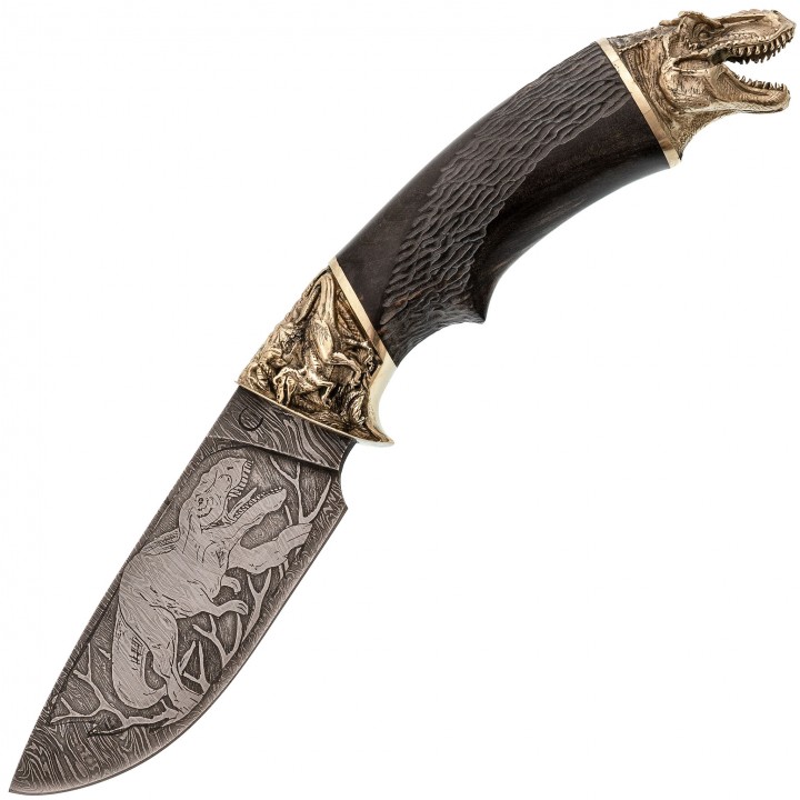 Нож Юрский, дамасская сталь, рукоять карельская береза, художественное травление