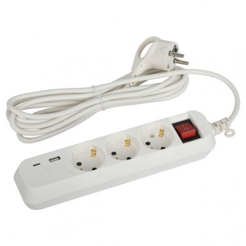 удлинитель с USB ЭРА 3м 3-местный с/з 3x0,75мм2 10А с выключателем белый
