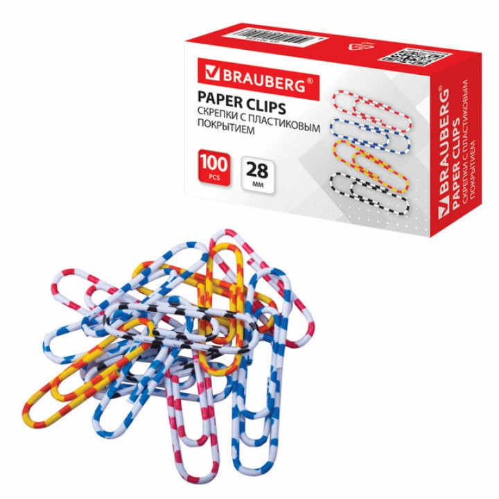 скрепки BRAUBERG 28мм 100шт мультиколор