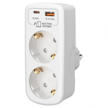 разветвитель-адаптер ФОТОН USB 16А с/з 1USB-A+1USB-C быстрая зарядка белый
