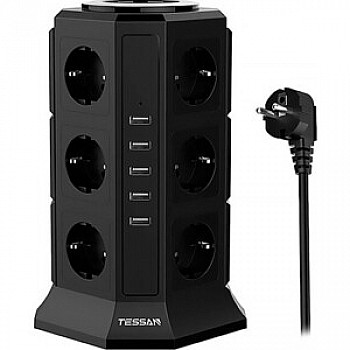 Сетевой фильтр TESSAN TP-VA5U12E с кнопкой питания на 12 розеток и 5 USB, Black